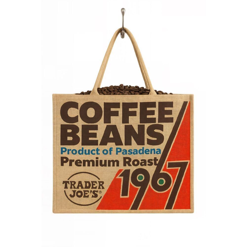Trader Joe’s Coffee Beans Jute Tote Bag – 1967 Pasadena Design Reusable Shopper